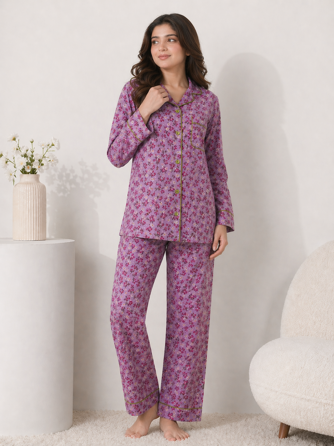 Lavender Meadow Premium Linen Night Suit – Floral Mauve Full-Sleeve Loungewear Set