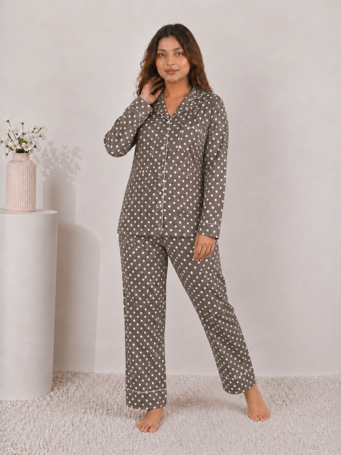 Mocha Truffle Polka Dot Premium Linen Night Suit – Classic Earthy Brown Full-Sleeve Loungewear Set