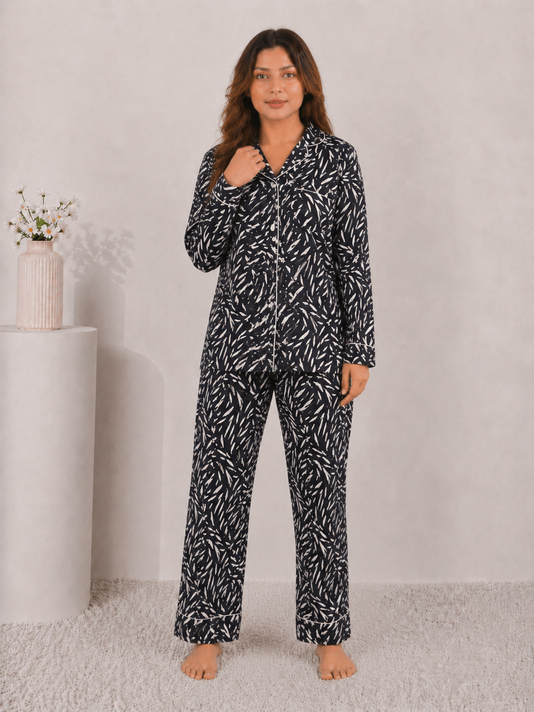 Midnight Willow Premium Linen Night Suit – Onyx Abstract Print Full-Sleeve Loungewear Set