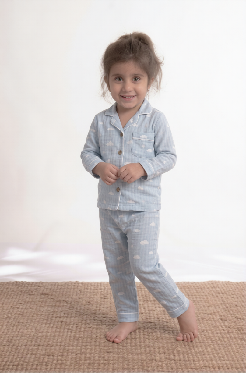 Mini Cloud Drift Premium Cotton Night Suit – Sky Blue Kids' Full-Sleeve Pajama Set