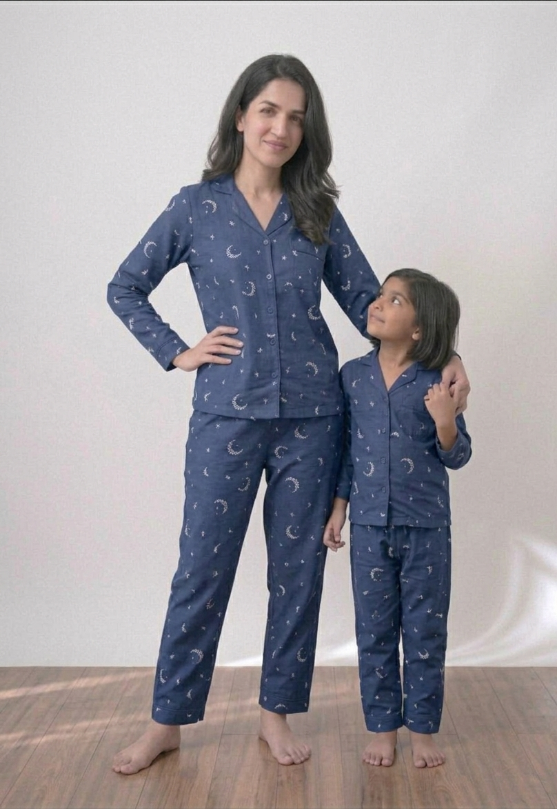 Mommy & Me Celestial Navy Set – Matching Premium Cotton Mother-Daughter Night Suits