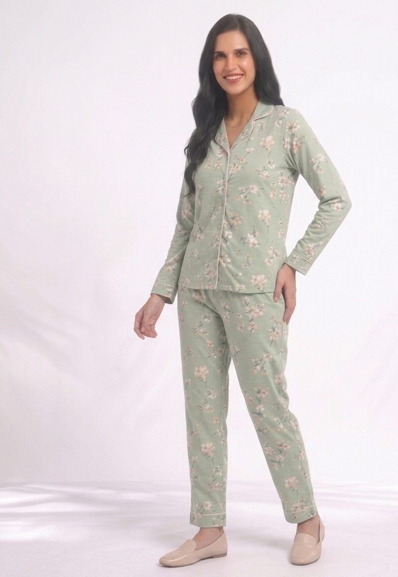 Bloom in Mint Premium Cotton Night Suit – Floral Blossom Full-Sleeve Pajama Set
