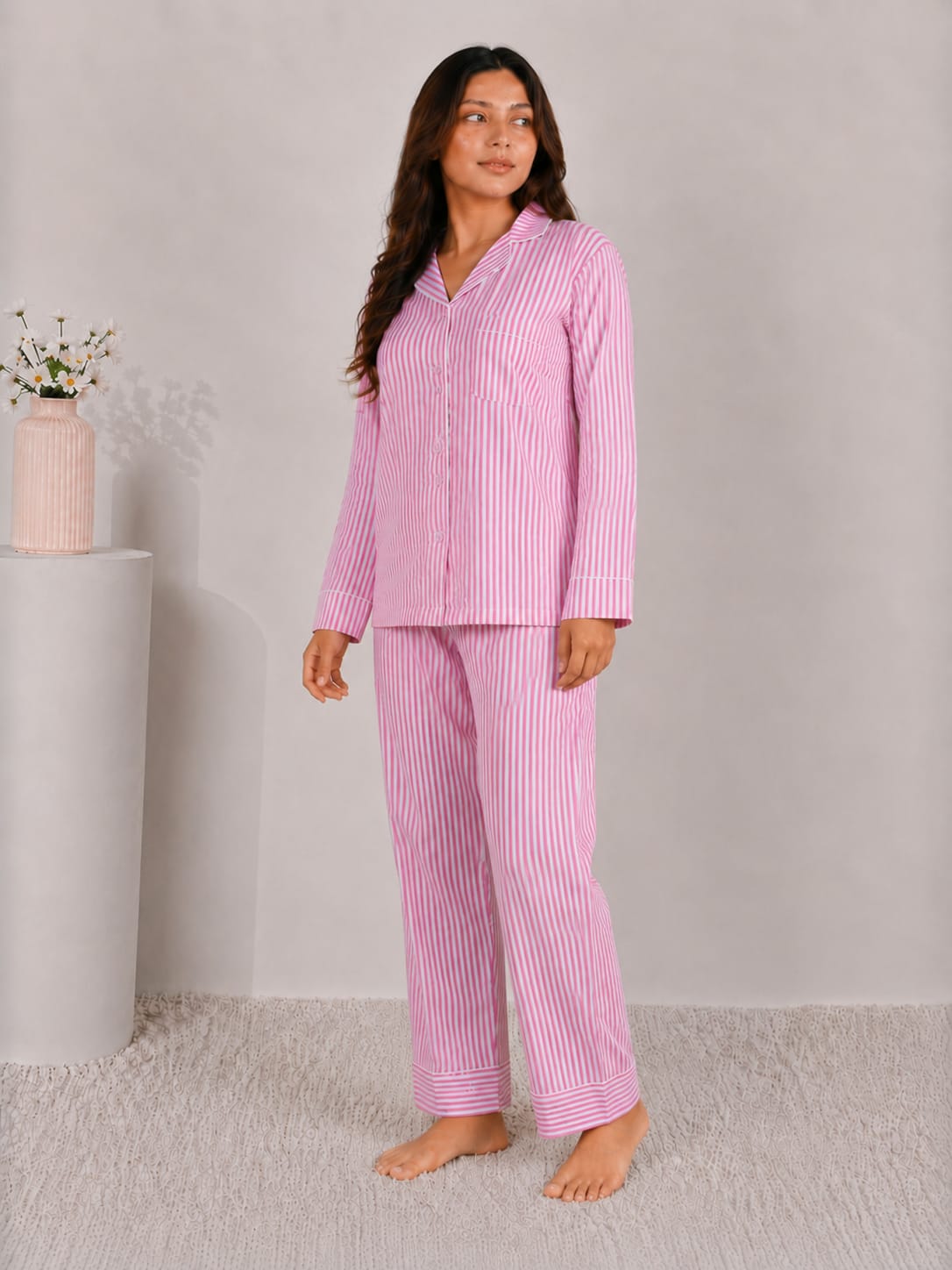 Blush Candy Luxury Linen Night Suit – Classic Pink & White Vertical Striped Full-Sleeve Loungewear Set