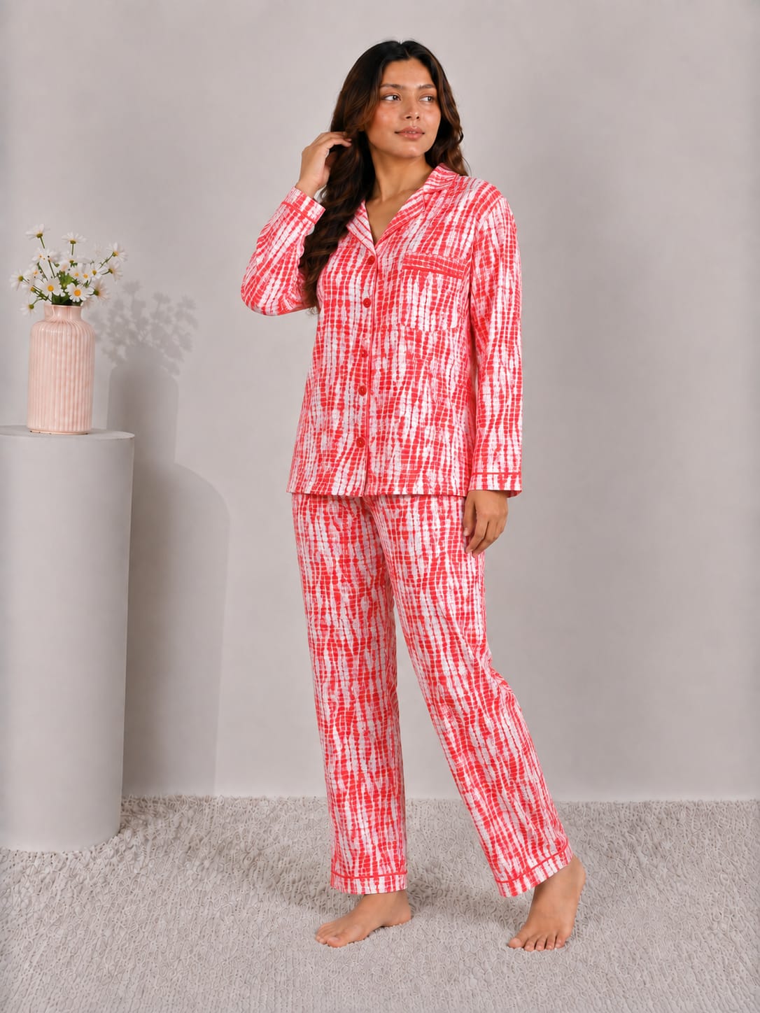 Crimson Ikat Luxury Linen Night Suit – Red & White Shibori Tie-Dye Loungewear Set