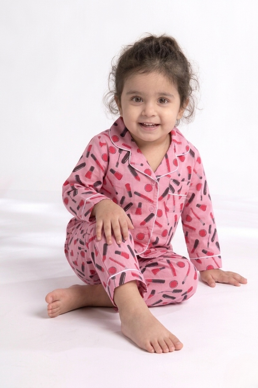 Little Glamour – Blush Makeup Print Cotton Kids' Night Suit