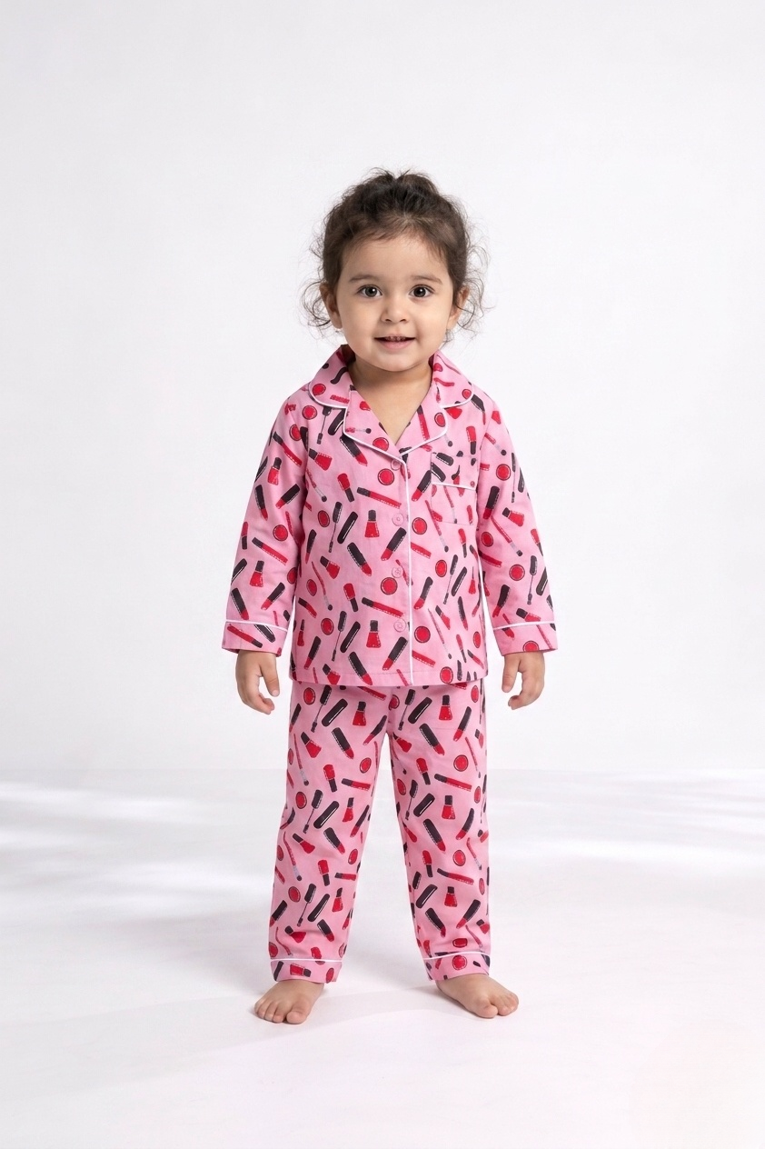 Little Glamour – Blush Makeup Print Cotton Kids' Night Suit