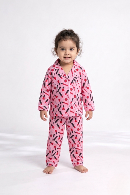 Little Glamour – Blush Makeup Print Cotton Kids' Night Suit