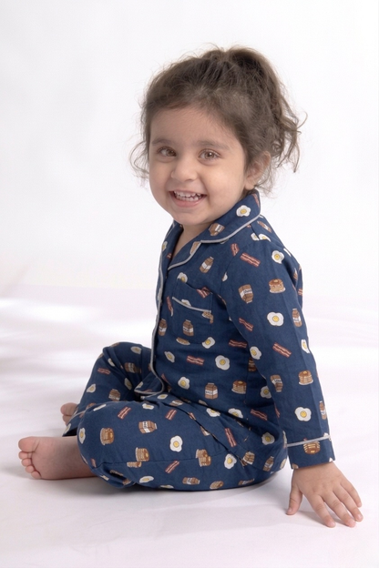 Breakfast Club – Navy Pancake & Eggs Printed Kids' Night Suit