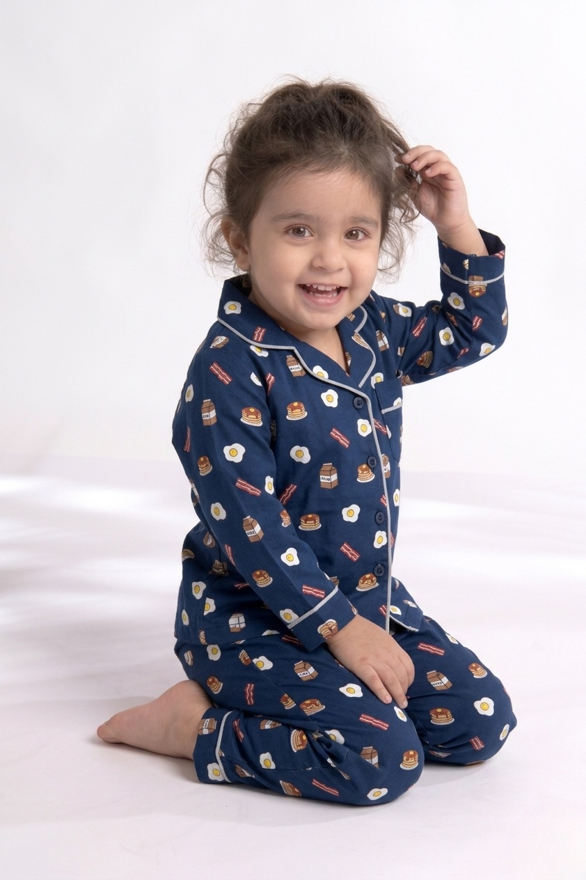 Breakfast Club – Navy Pancake & Eggs Printed Kids' Night Suit