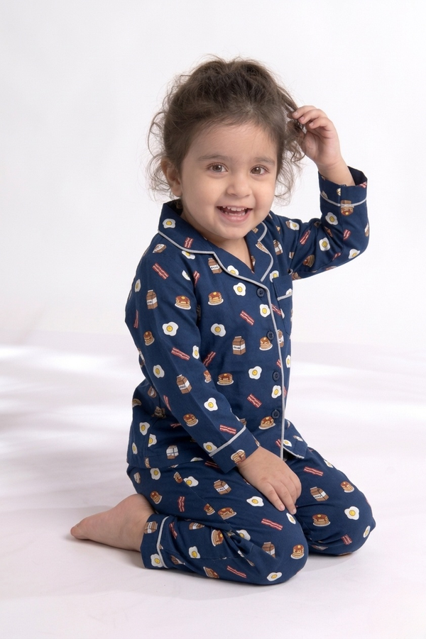 Breakfast Club – Navy Pancake & Eggs Printed Kids' Night Suit