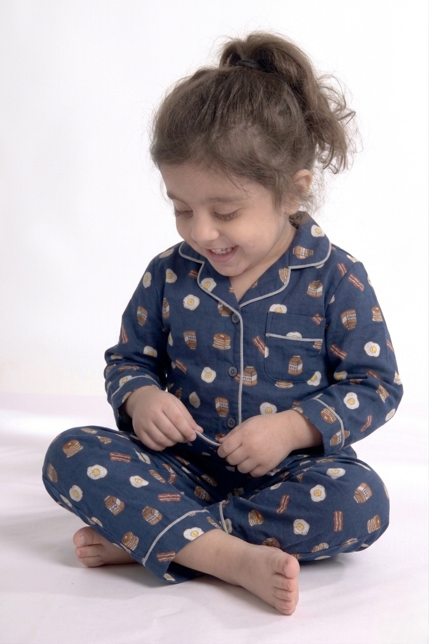 Breakfast Club – Navy Pancake & Eggs Printed Kids' Night Suit