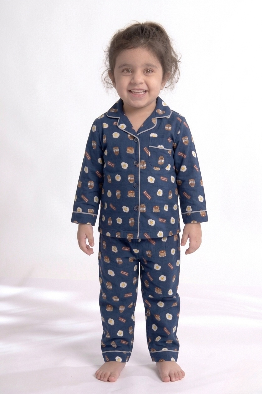 Breakfast Club – Navy Pancake & Eggs Printed Kids' Night Suit