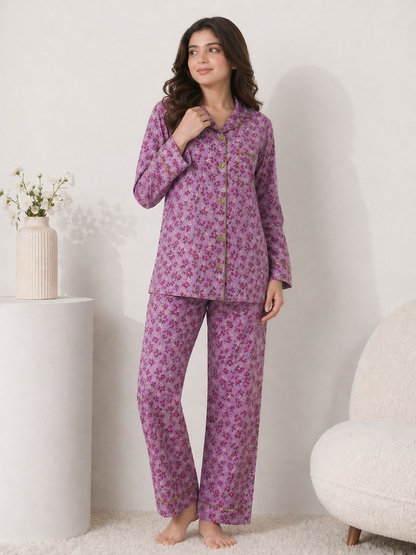 Lavender Meadow Premium Linen Night Suit – Floral Mauve Full-Sleeve Loungewear Set