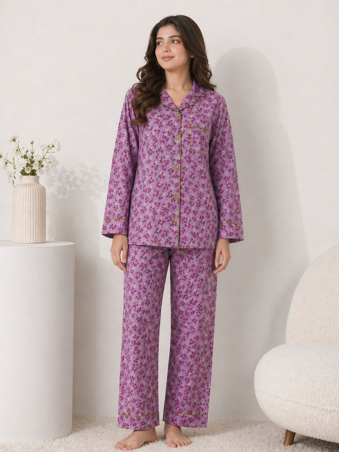 Lavender Meadow Premium Linen Night Suit – Floral Mauve Full-Sleeve Loungewear Set