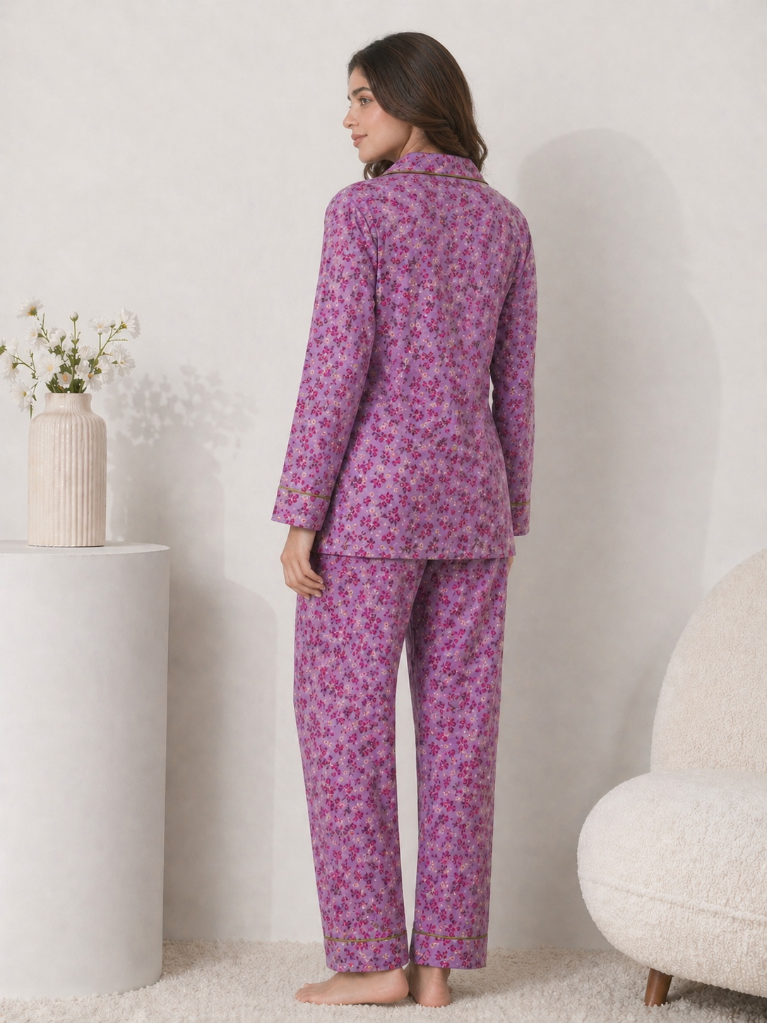Lavender Meadow Premium Linen Night Suit – Floral Mauve Full-Sleeve Loungewear Set