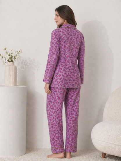 Lavender Meadow Premium Linen Night Suit – Floral Mauve Full-Sleeve Loungewear Set