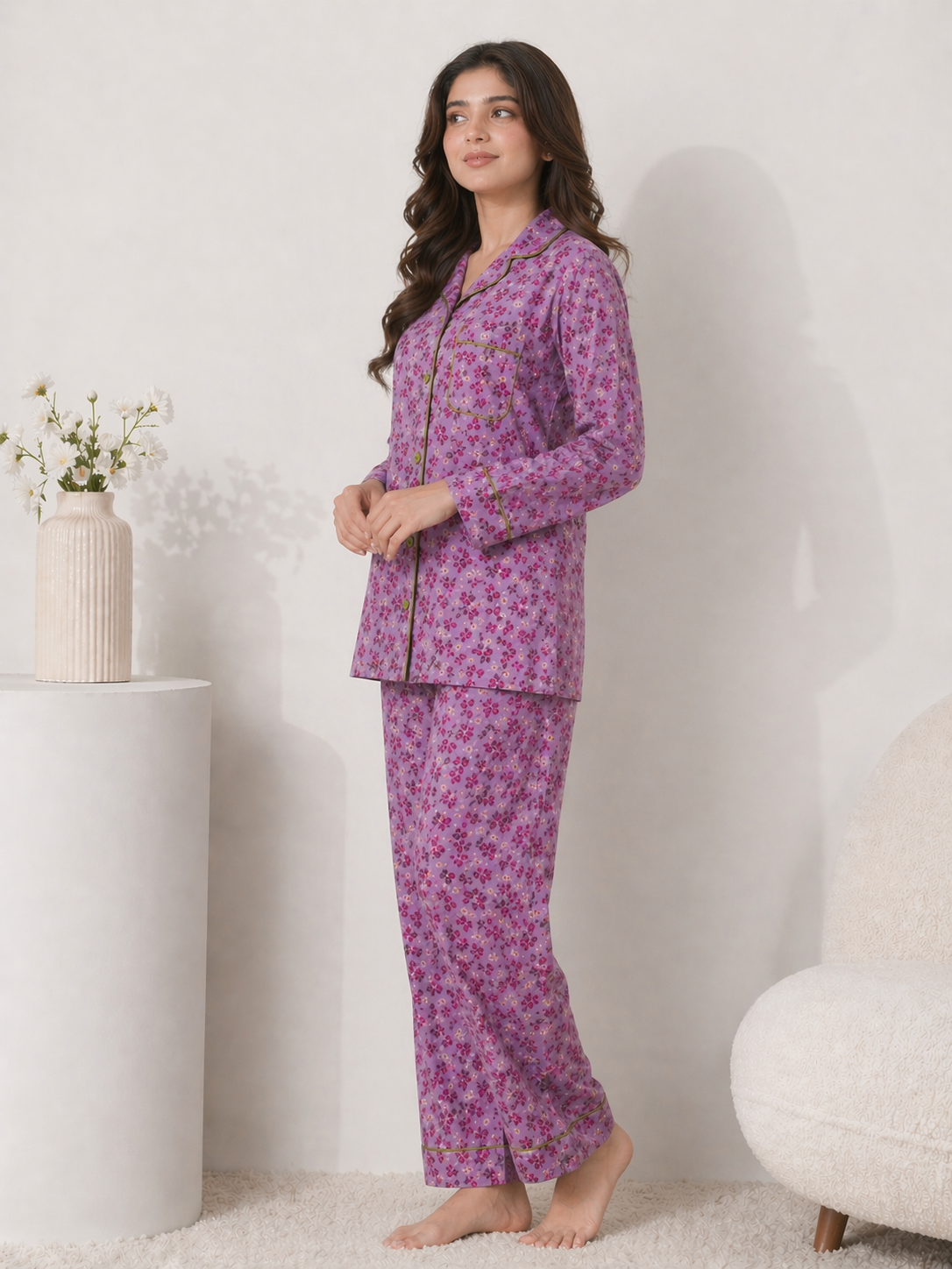 Lavender Meadow Premium Linen Night Suit – Floral Mauve Full-Sleeve Loungewear Set