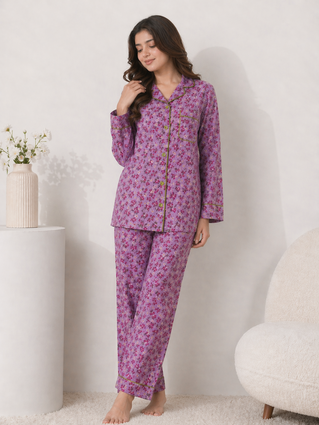 Lavender Meadow Premium Linen Night Suit – Floral Mauve Full-Sleeve Loungewear Set