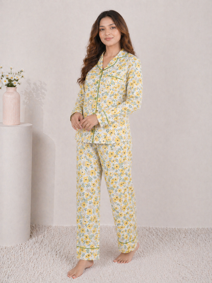 Golden Meadow Premium Linen Night Suit – Yellow Floral Full-Sleeve Loungewear Set