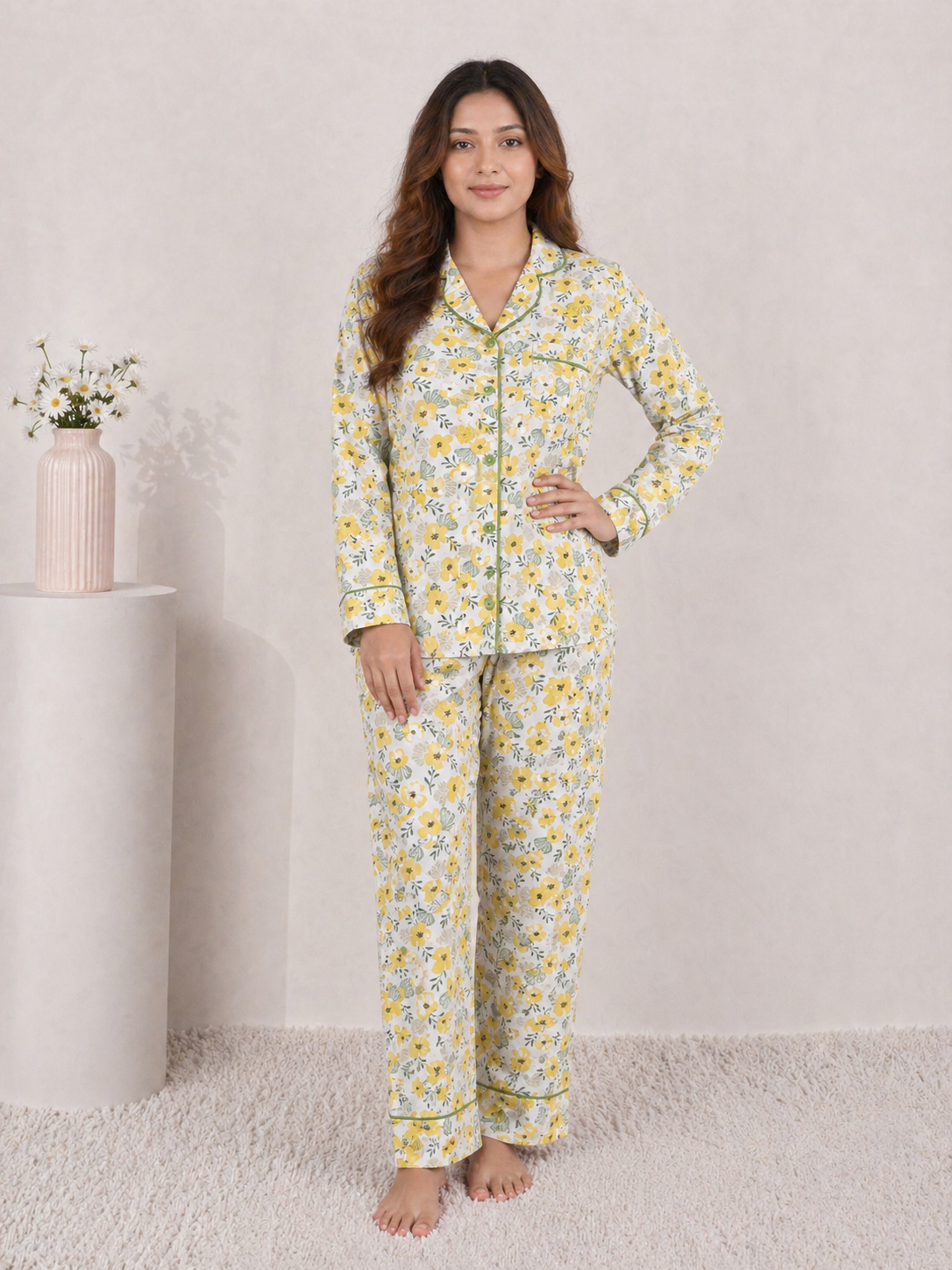 Golden Meadow Premium Linen Night Suit – Yellow Floral Full-Sleeve Loungewear Set