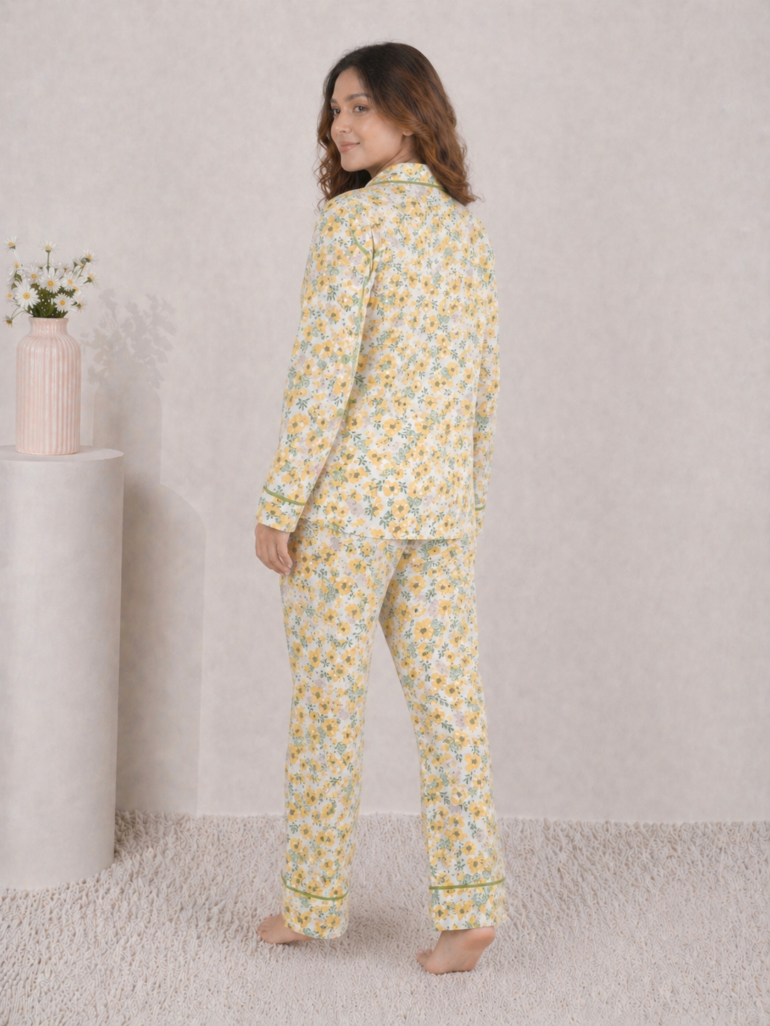 Golden Meadow Premium Linen Night Suit – Yellow Floral Full-Sleeve Loungewear Set