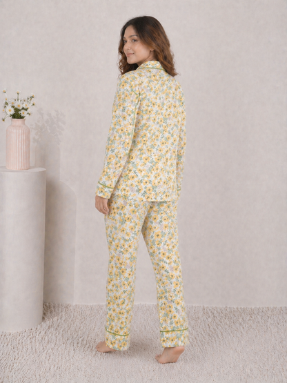 Golden Meadow Premium Linen Night Suit – Yellow Floral Full-Sleeve Loungewear Set