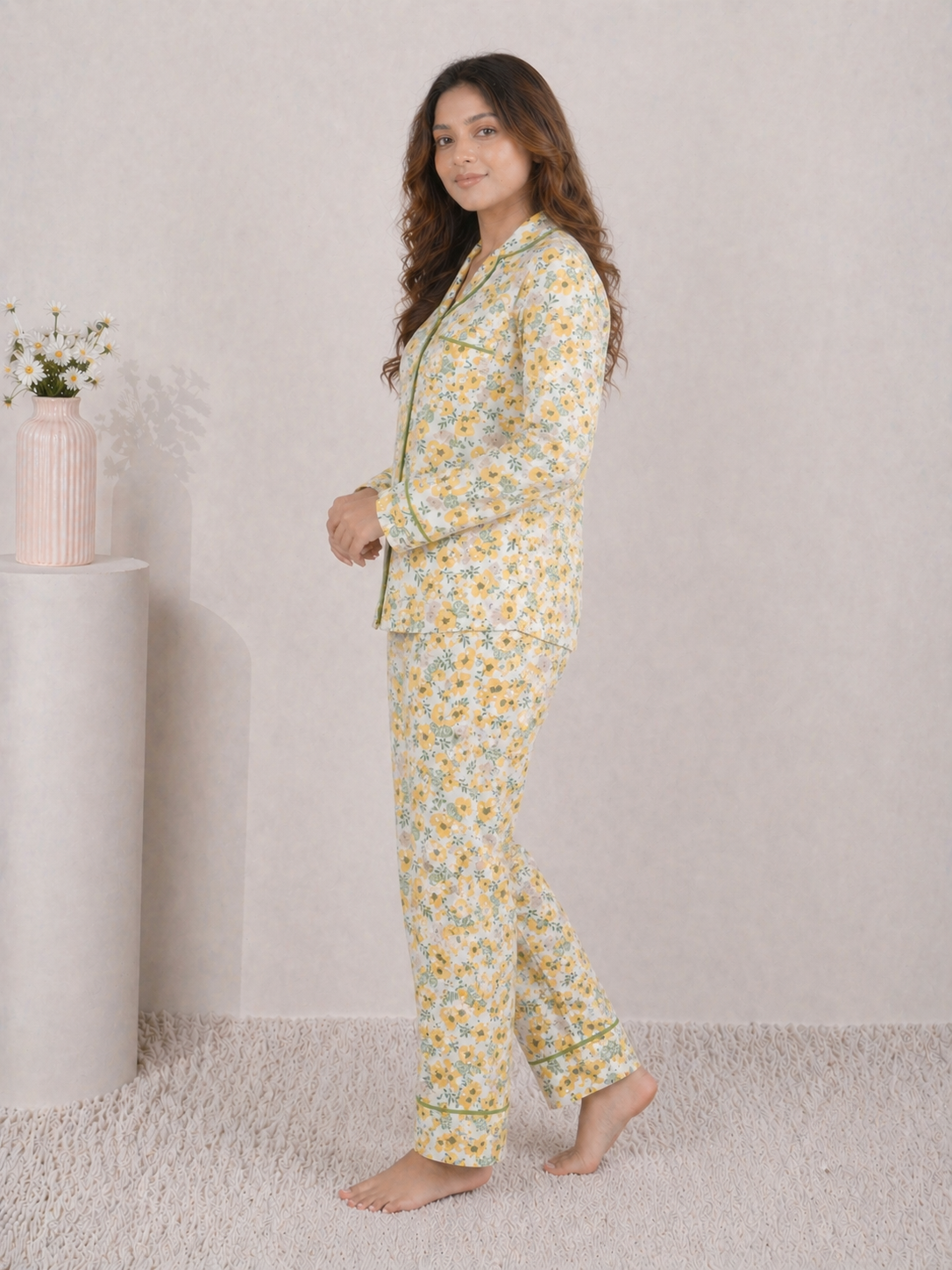 Golden Meadow Premium Linen Night Suit – Yellow Floral Full-Sleeve Loungewear Set