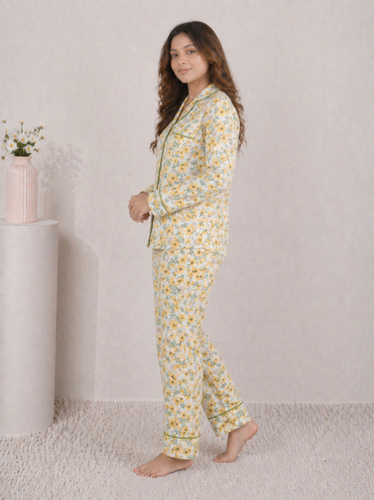Golden Meadow Premium Linen Night Suit – Yellow Floral Full-Sleeve Loungewear Set