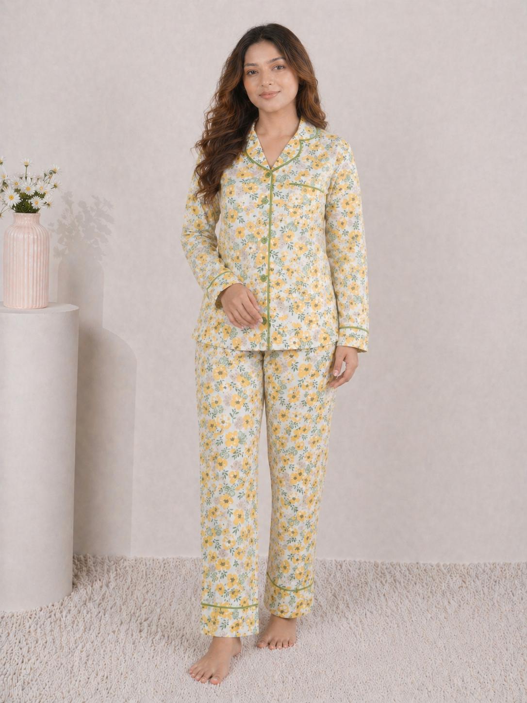 Golden Meadow Premium Linen Night Suit – Yellow Floral Full-Sleeve Loungewear Set