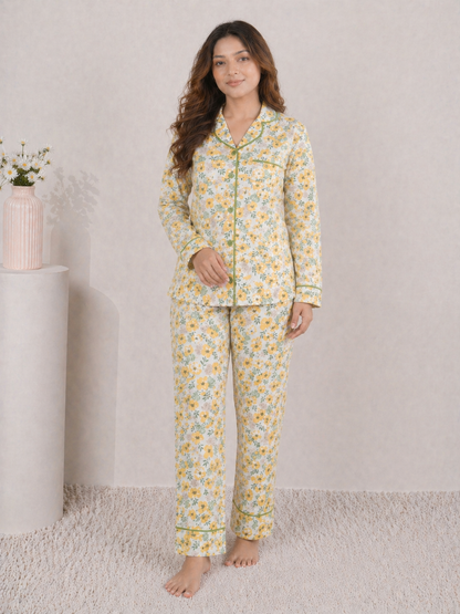 Golden Meadow Premium Linen Night Suit – Yellow Floral Full-Sleeve Loungewear Set