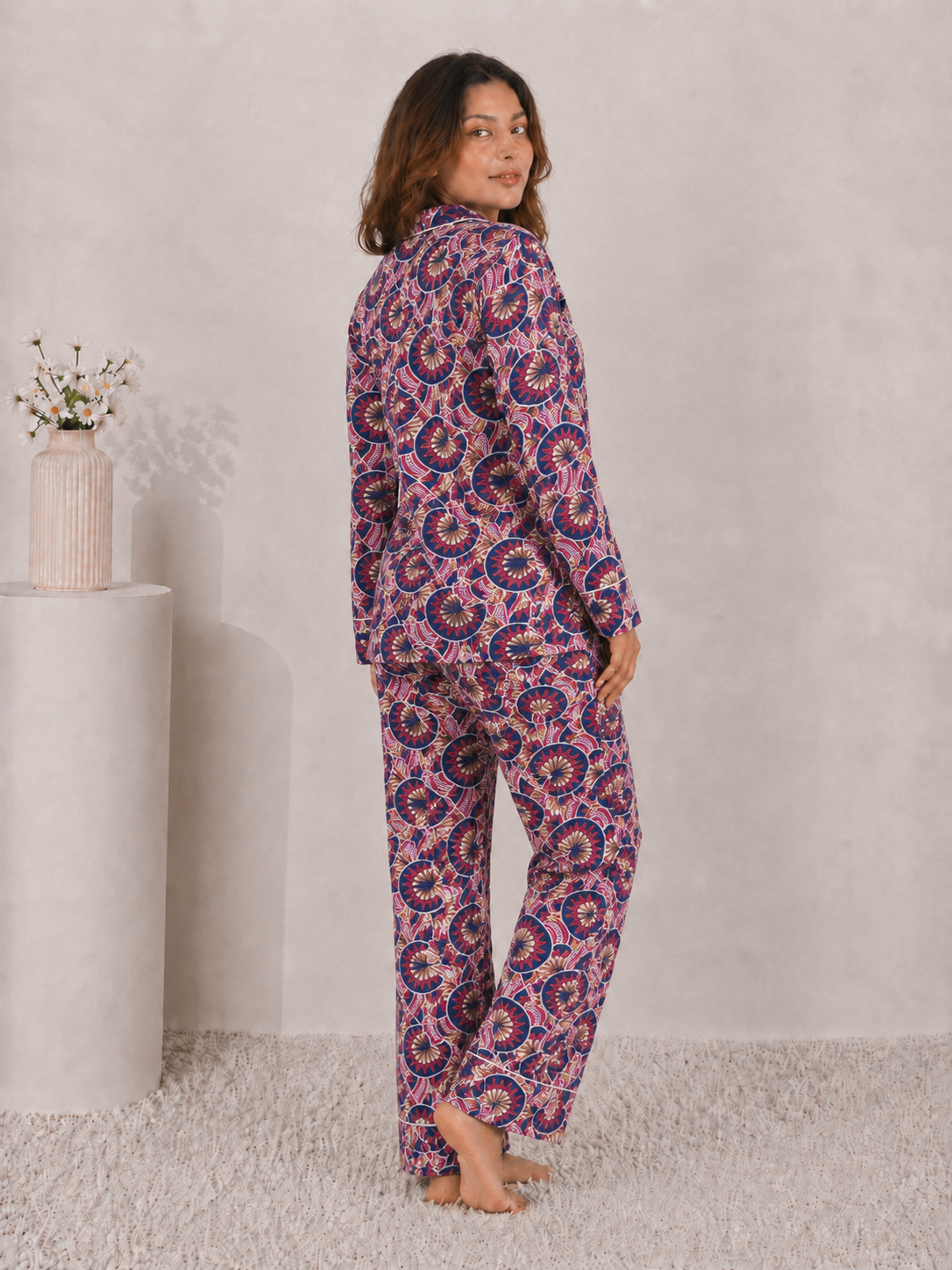 Imperial Mosaic Luxury Linen Night Suit – Multi-Tone Jewel Motif Full-Sleeve Loungewear Set