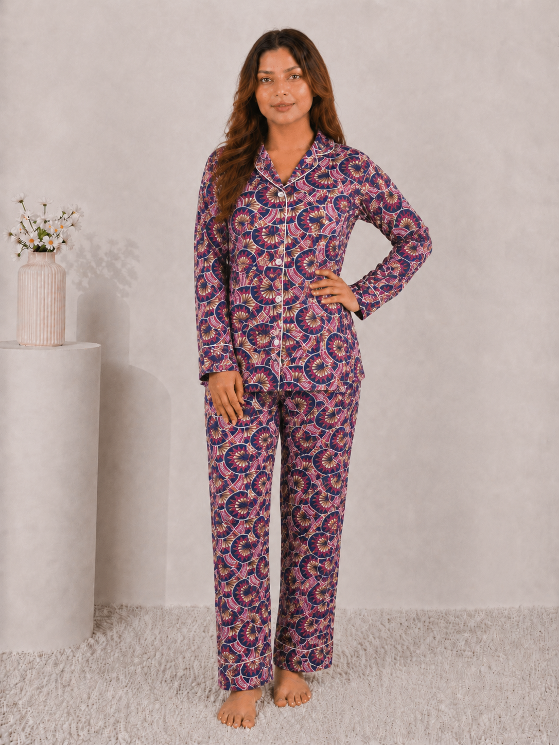 Imperial Mosaic Luxury Linen Night Suit – Multi-Tone Jewel Motif Full-Sleeve Loungewear Set