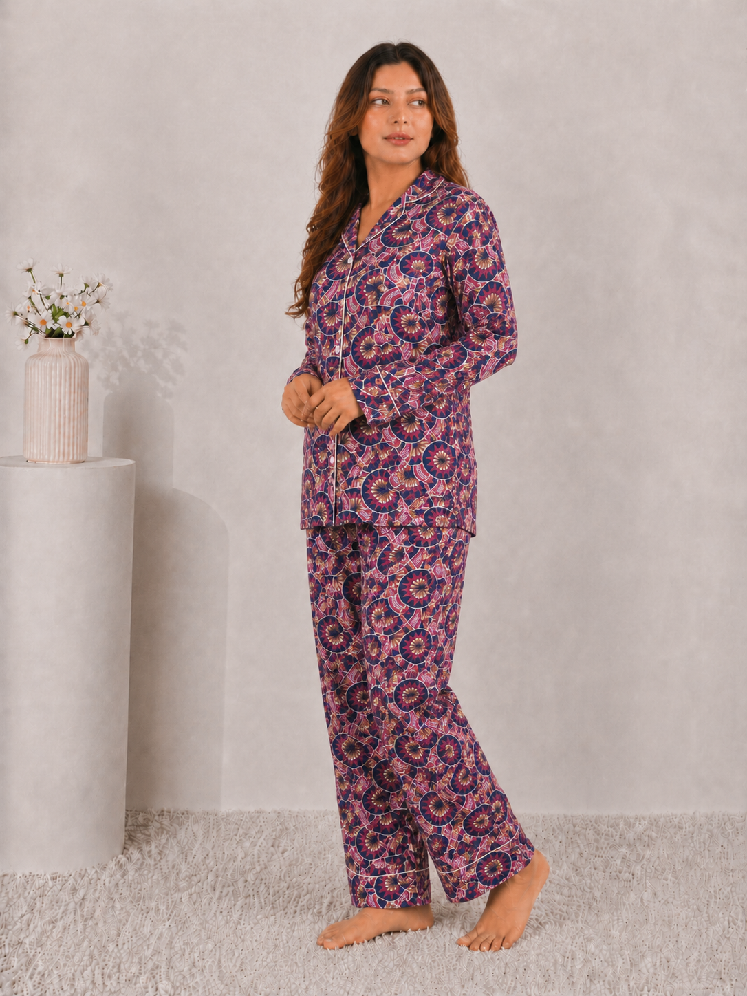 Imperial Mosaic Luxury Linen Night Suit – Multi-Tone Jewel Motif Full-Sleeve Loungewear Set