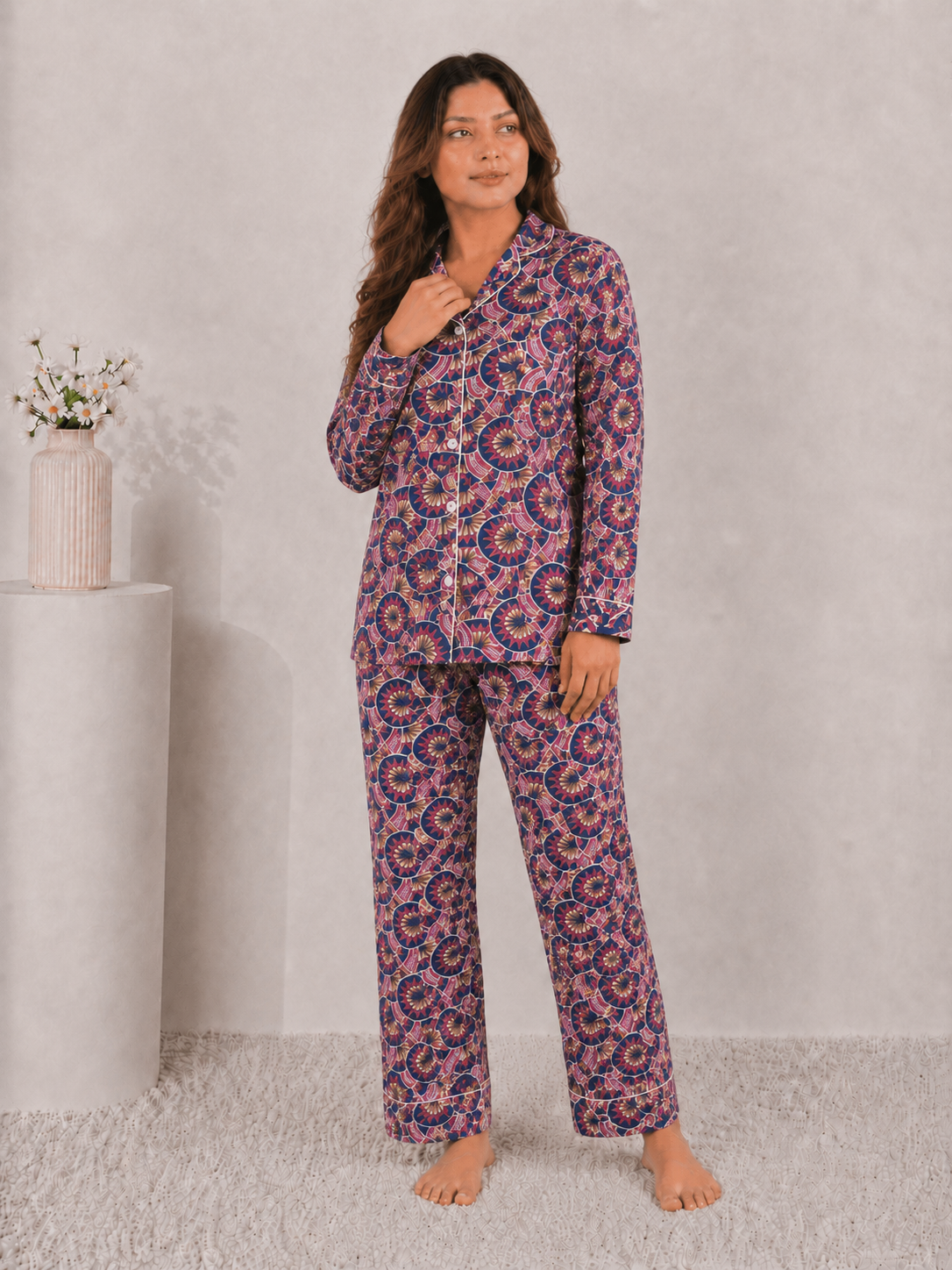 Imperial Mosaic Luxury Linen Night Suit – Multi-Tone Jewel Motif Full-Sleeve Loungewear Set