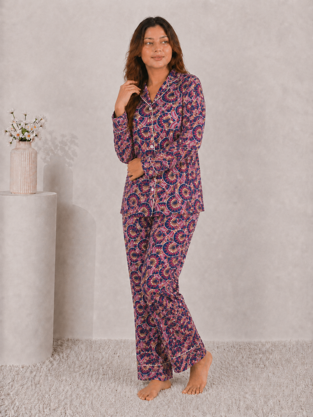 Imperial Mosaic Luxury Linen Night Suit – Multi-Tone Jewel Motif Full-Sleeve Loungewear Set