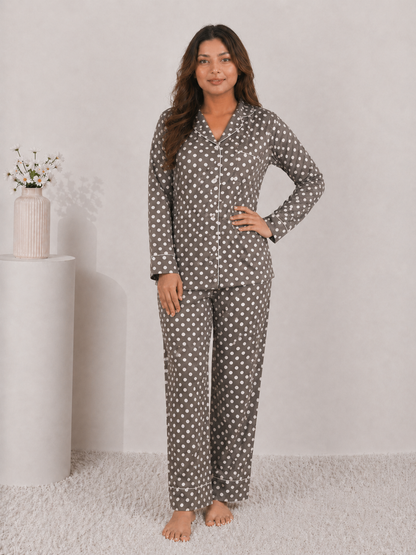 Mocha Truffle Polka Dot Premium Linen Night Suit – Classic Earthy Brown Full-Sleeve Loungewear Set