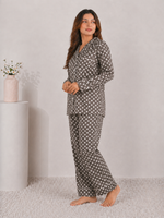 Mocha Truffle Polka Dot Premium Linen Night Suit – Classic Earthy Brown Full-Sleeve Loungewear Set