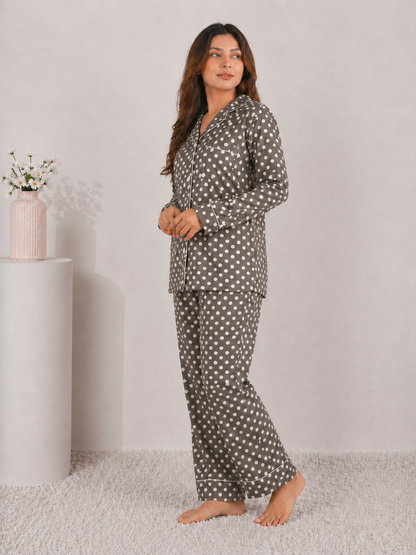 Mocha Truffle Polka Dot Premium Linen Night Suit – Classic Earthy Brown Full-Sleeve Loungewear Set