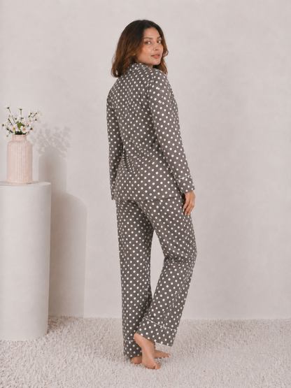 Mocha Truffle Polka Dot Premium Linen Night Suit – Classic Earthy Brown Full-Sleeve Loungewear Set