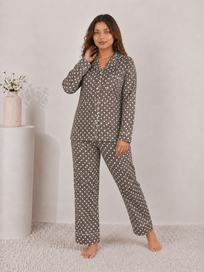 Mocha Truffle Polka Dot Premium Linen Night Suit – Classic Earthy Brown Full-Sleeve Loungewear Set