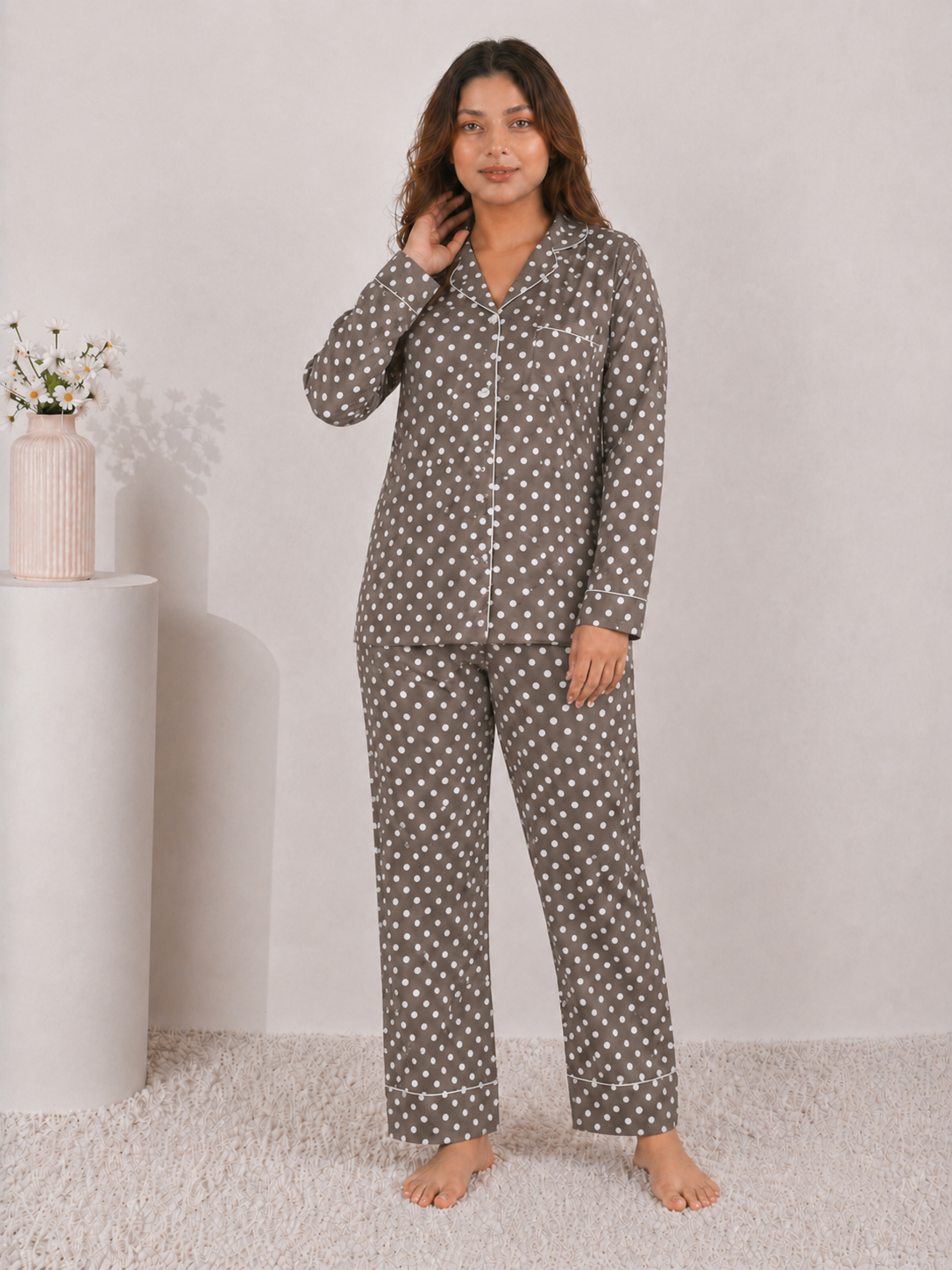 Mocha Truffle Polka Dot Premium Linen Night Suit – Classic Earthy Brown Full-Sleeve Loungewear Set