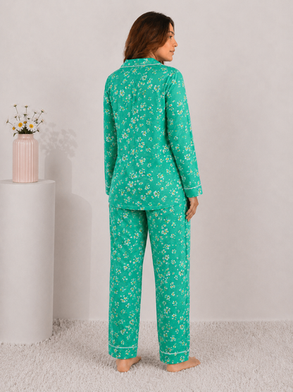 Emerald Daisy Luxury Linen Night Suit – Vibrant Teal Floral Full-Sleeve Loungewear Set