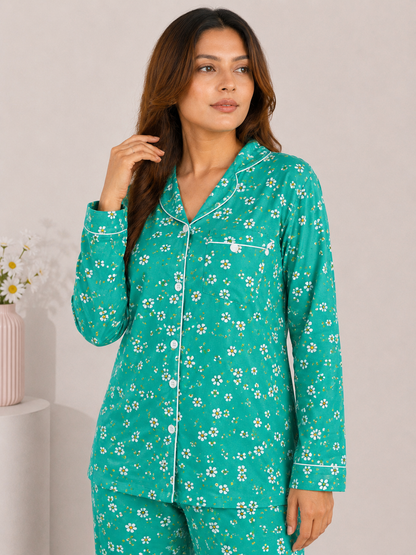 Emerald Daisy Luxury Linen Night Suit – Vibrant Teal Floral Full-Sleeve Loungewear Set