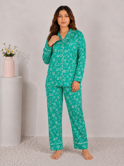 Emerald Daisy Luxury Linen Night Suit – Vibrant Teal Floral Full-Sleeve Loungewear Set