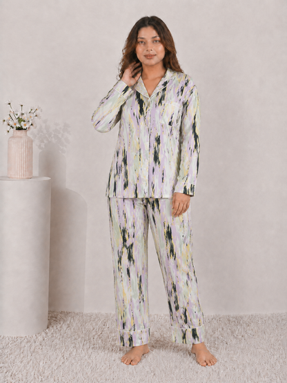 Ethereal Mist Luxury Linen Night Suit – Pastel Abstract Watercolor Full-Sleeve Loungewear Set