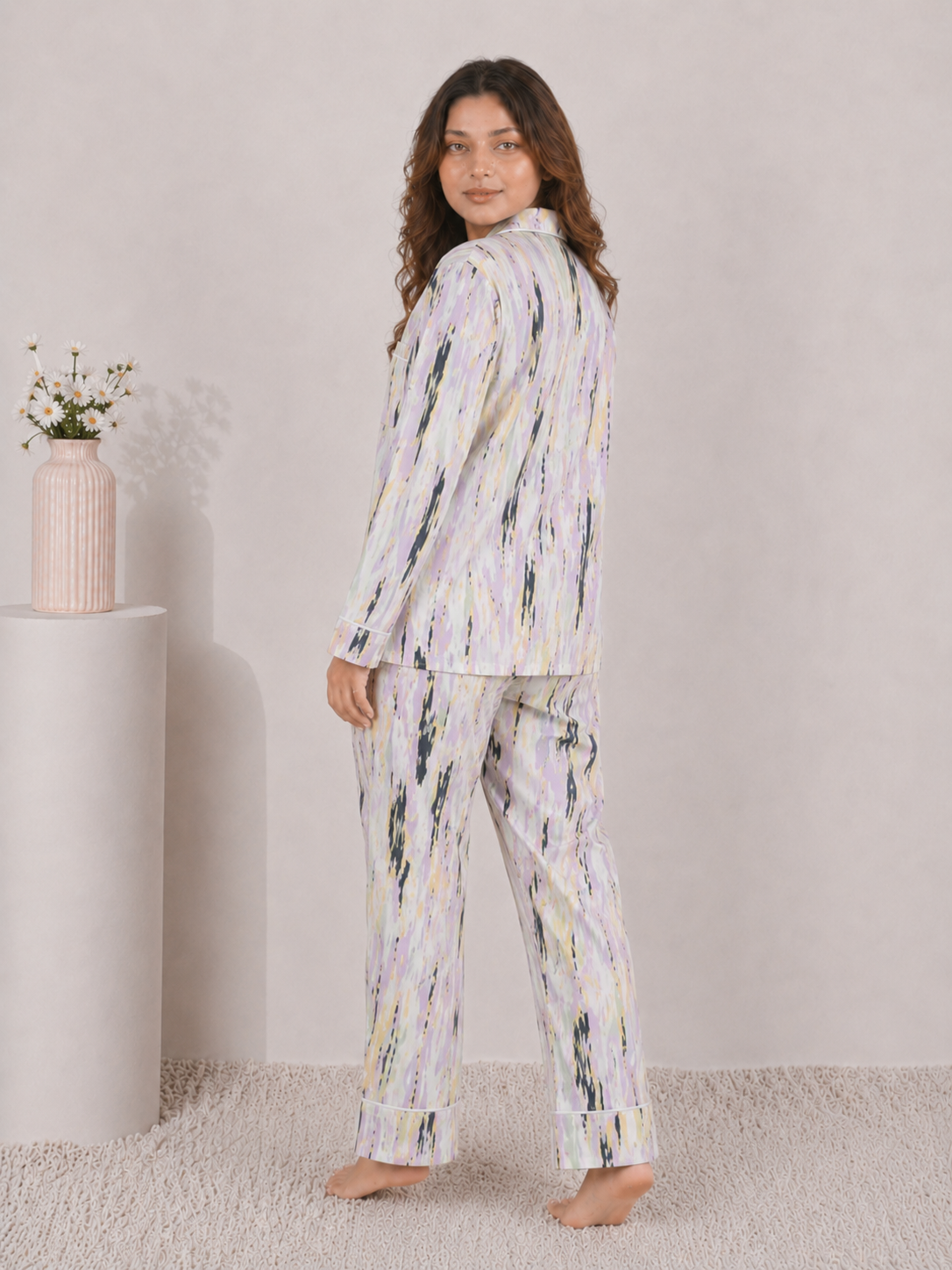 Ethereal Mist Luxury Linen Night Suit – Pastel Abstract Watercolor Full-Sleeve Loungewear Set