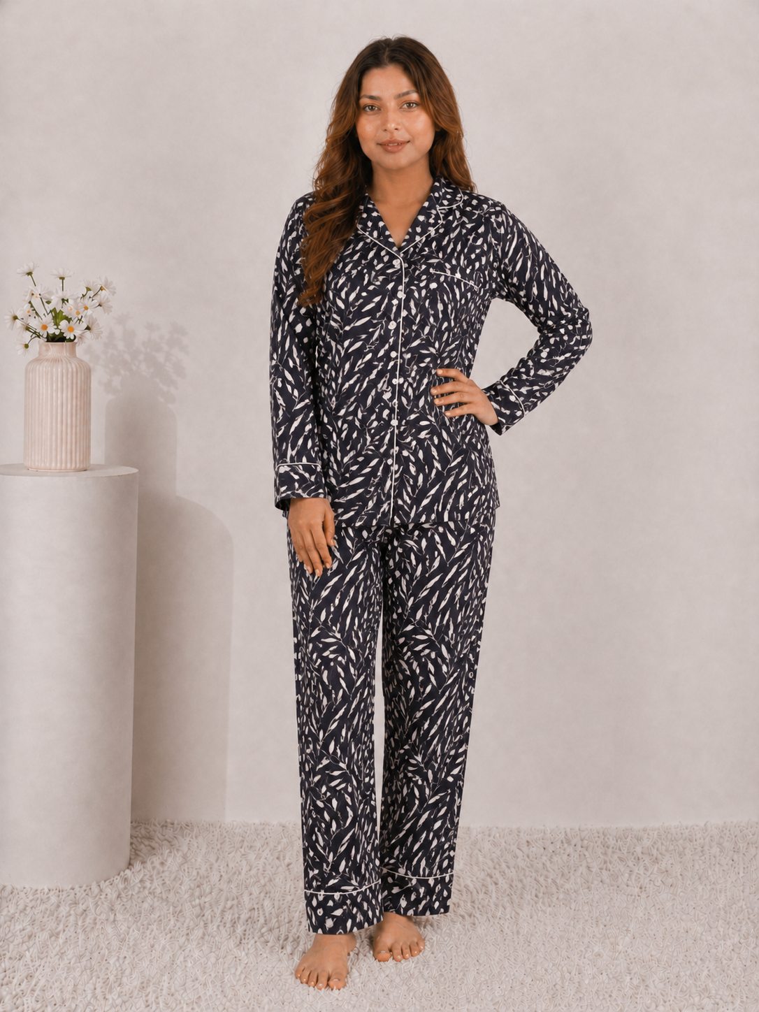 Midnight Willow Premium Linen Night Suit – Onyx Abstract Print Full-Sleeve Loungewear Set