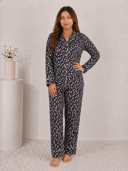 Midnight Willow Premium Linen Night Suit – Onyx Abstract Print Full-Sleeve Loungewear Set