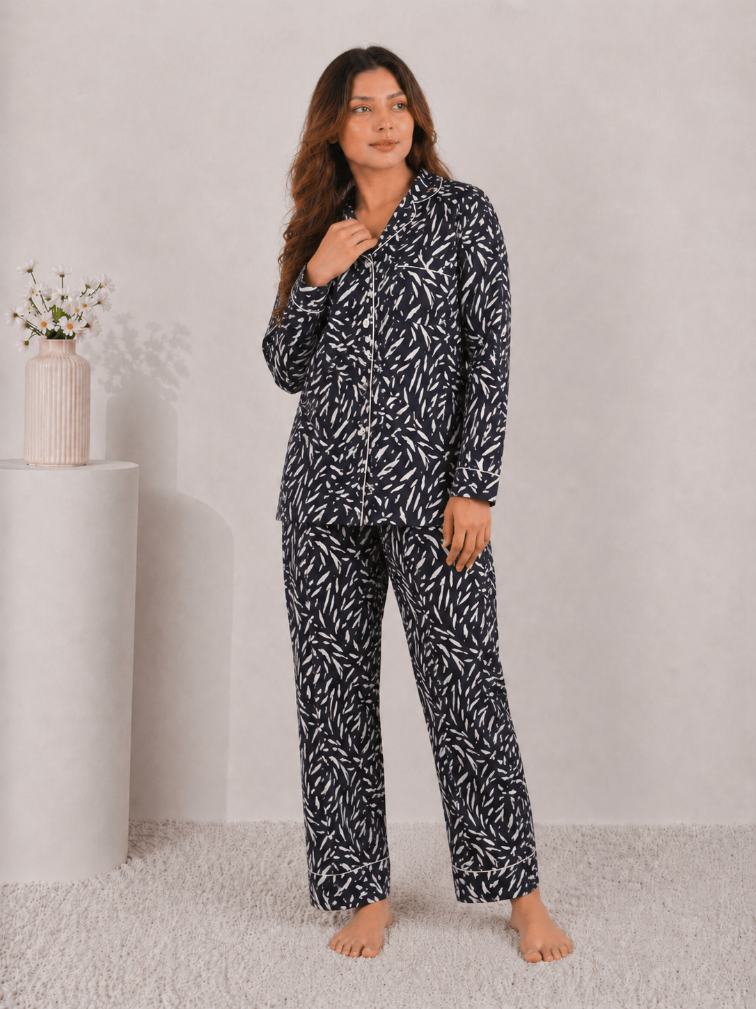 Midnight Willow Premium Linen Night Suit – Onyx Abstract Print Full-Sleeve Loungewear Set