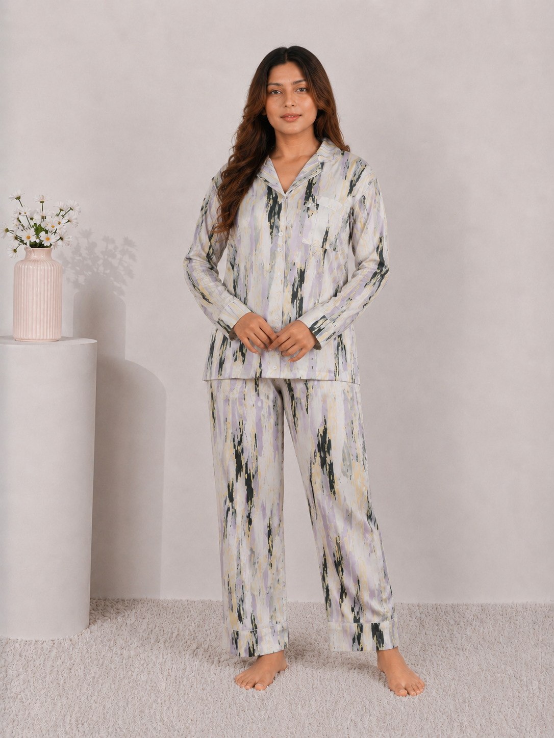 Ethereal Mist Luxury Linen Night Suit – Pastel Abstract Watercolor Full-Sleeve Loungewear Set